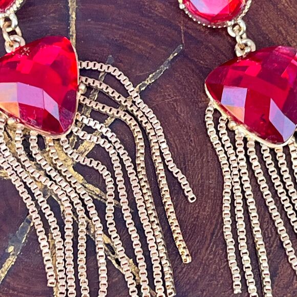 Vintage Long Dangle Earrings in Red rhinestone statement piece - Picture 7 of 9